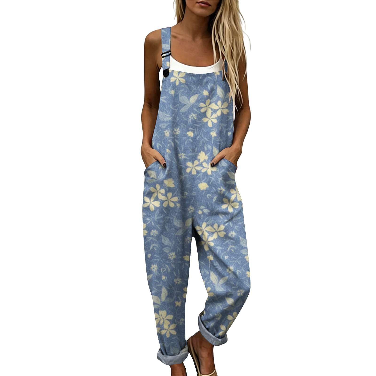 Generico Salopette Donna Estiva Lunga in Lino Elegante Tuta Intera Curvy con Stampa Boho Chic Jumpsuit Pantaloni Gamba Larga Senza Maniche Moda Baggy Cotone Taglie Forti Mare Vacanza Comoda