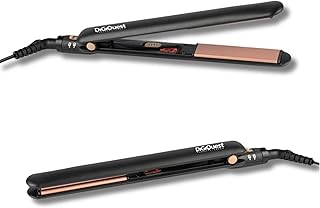 DIGIQUEST Ceramic Plate - Plancha fina para el pelo, color oro rosa y negro, para viajes, botón de encendido/apagado, cable de 1,8 m, temperatura de 200°, asa bloqueable