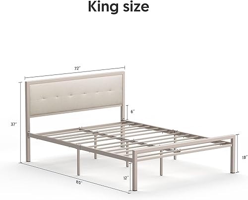 Miniatura 3 de Nazhura Marco de cama de tamaño matrimonial, plataforma de acero estable con cabeceroestribo de tela (marco de color champán)