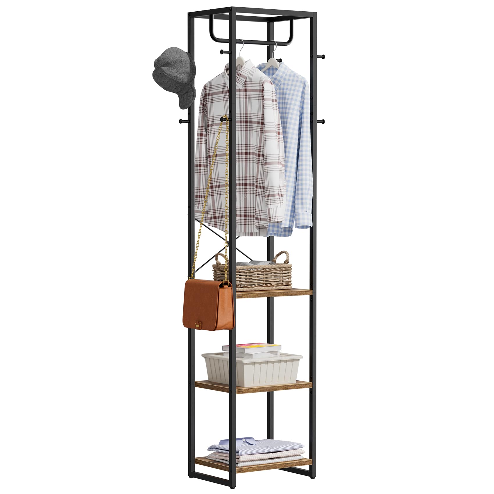 Coat Rack, Corner Coat Stand with 3-Tier and 8 Hooks, 180x40x30cm Wooden Coat Stand, Freestanding Tall Closet Organizer, Industrial Clothes Stand for Entryway, Hallway, Bedroom (Rustic Brown)
