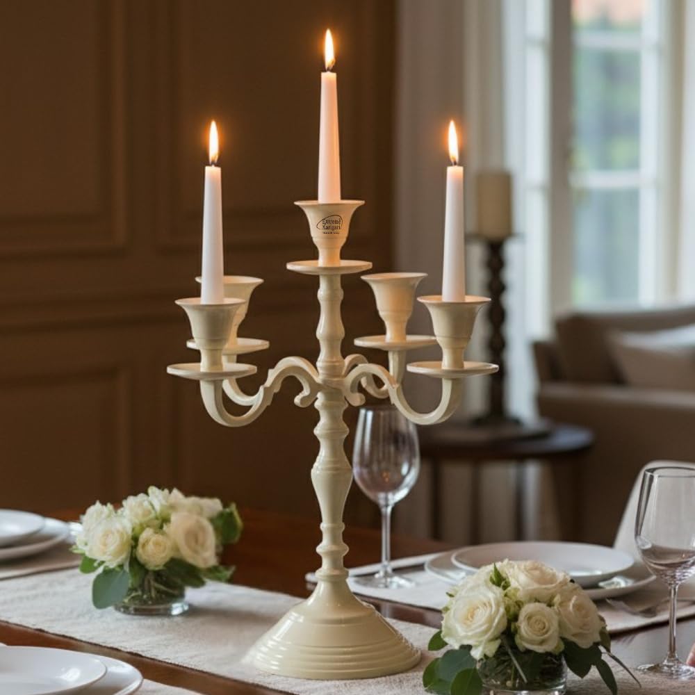 Extreme Karigari 5 Arm Metal Candelabra Candle Stand | 12 Inch Tall Decorative Candlestick Holder for Dining Table, Living Room, Wedding & Home Decor (Ivory) 1