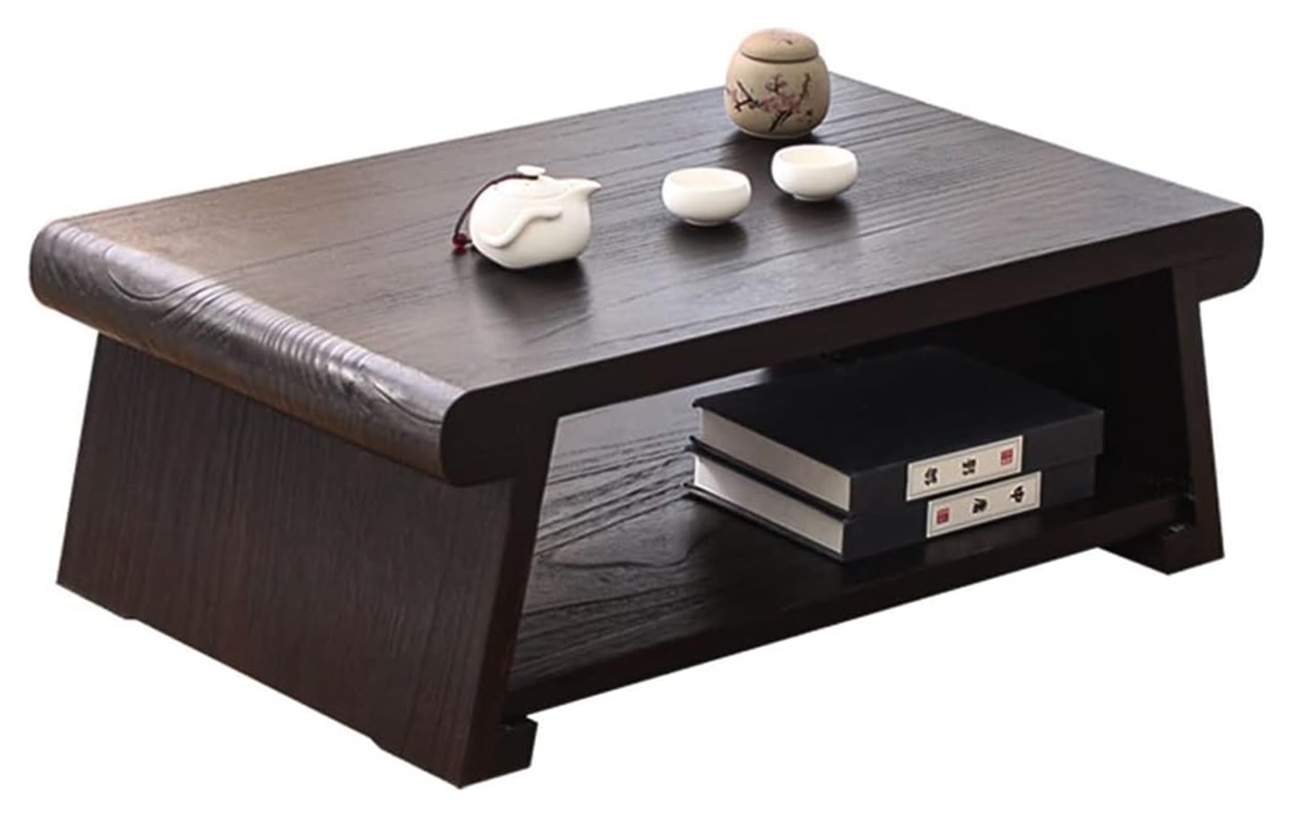 Table basse rétro japonaise en bois noir avec étagère de rangement