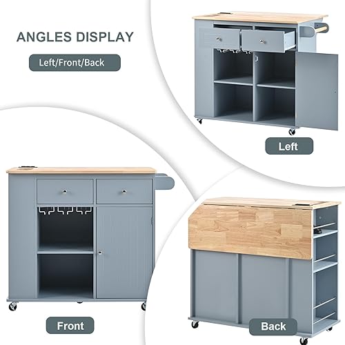 Miniatura 20 de NIOIIKIT Carrito de cocina con dos cajones y estantes abiertos, carrito de cocina con soportes para tazas de vino, mesa de cocina con toma de
