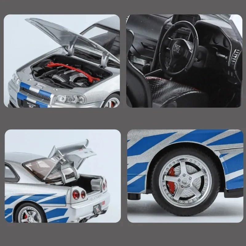 FUNABLO Scale Exclusive Alloy Metal Pull Back Die-cast Car Model with Sound Light Mini Auto Toy for Kids Metal Model Toy Car with Sound and Light (1:24 NISS-an GTR R34 -Silver) 4