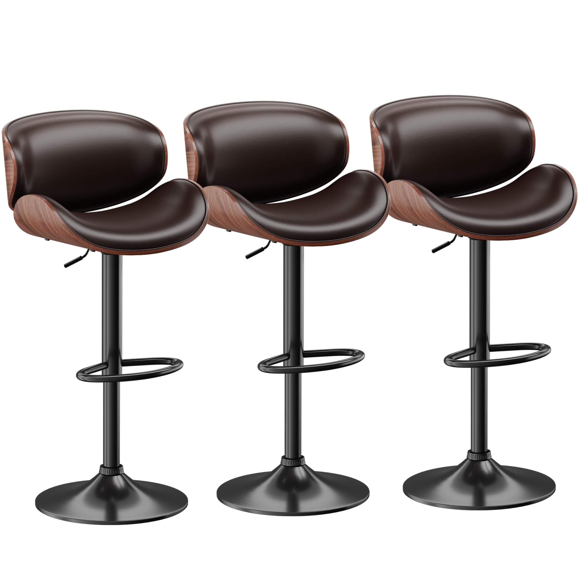 Aowos Bar Stools Set of 3, Adjustable Swivel Barstools Mid-Century Modern PU Leather Counter Height Bar Stool, Kitchen Island Barstools with Back (