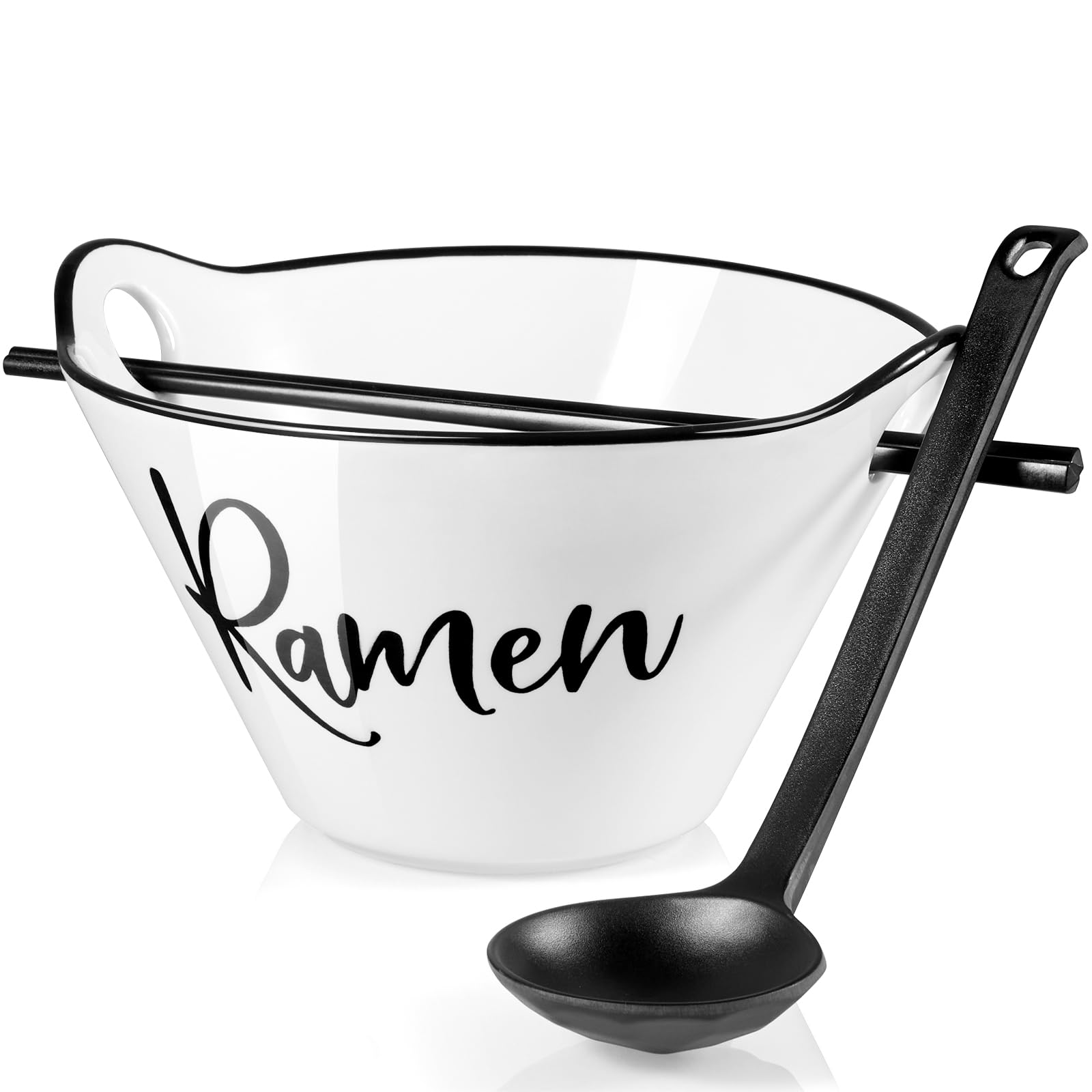 Ceramic Ramen Bowl with Chopsticks and Spoon, 26 oz Farmhouse Deep Japanese Noodle Bowl for Udon, Soba, Pho, Rice and Soup, Microwave and Dishwasher Safe, White