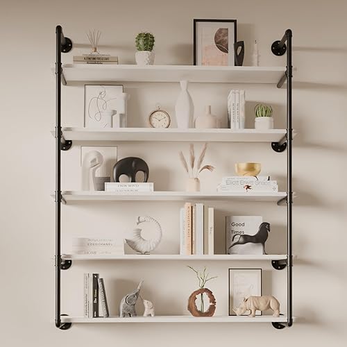 Miniatura 10 de Estante industrial de tubo de hierro de 5 niveles, estantería de tubo de 48 pulgadas con tablón de madera maciza, estantes abiertos para libros,