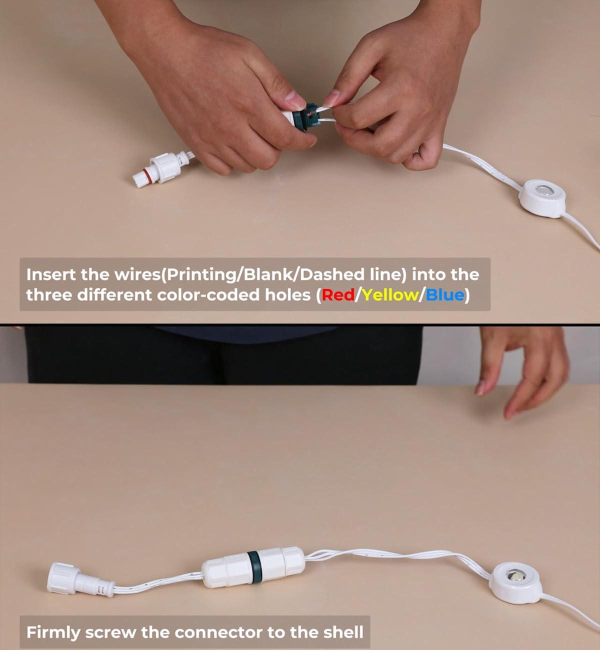 Hands inserting wires into the color-coded slots of the connector