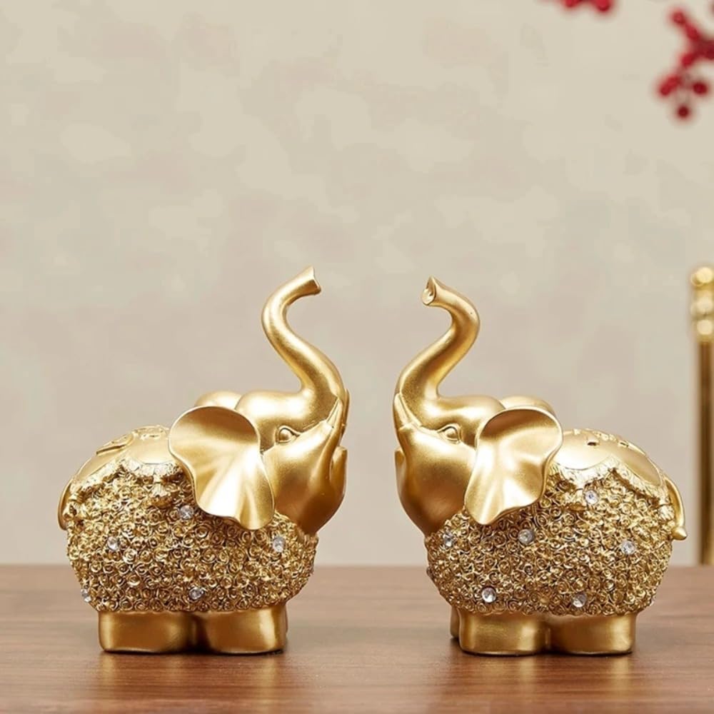2 figuras de elefante dorado para decoración del hogar, estatua de elefante Feng Shui, figuras de elefante de la suerte, trae buena suerte para el hogar, figura coleccionable de elefante,