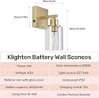 Klighten 6000 mAh Vezeték Nélküli Fali Lámpa Távirányítóval - 2 db Tölthető Arany Falikar Üveg Burával, 3000K Meleg Fehér LED, 500lm, Nappal 2