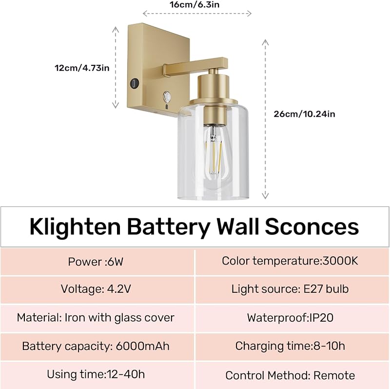 Klighten 6000 mAh Vezeték Nélküli Fali Lámpa Távirányítóval - 2 db Tölthető Arany Falikar Üveg Burával, 3000K Meleg Fehér LED, 500lm, Nappal