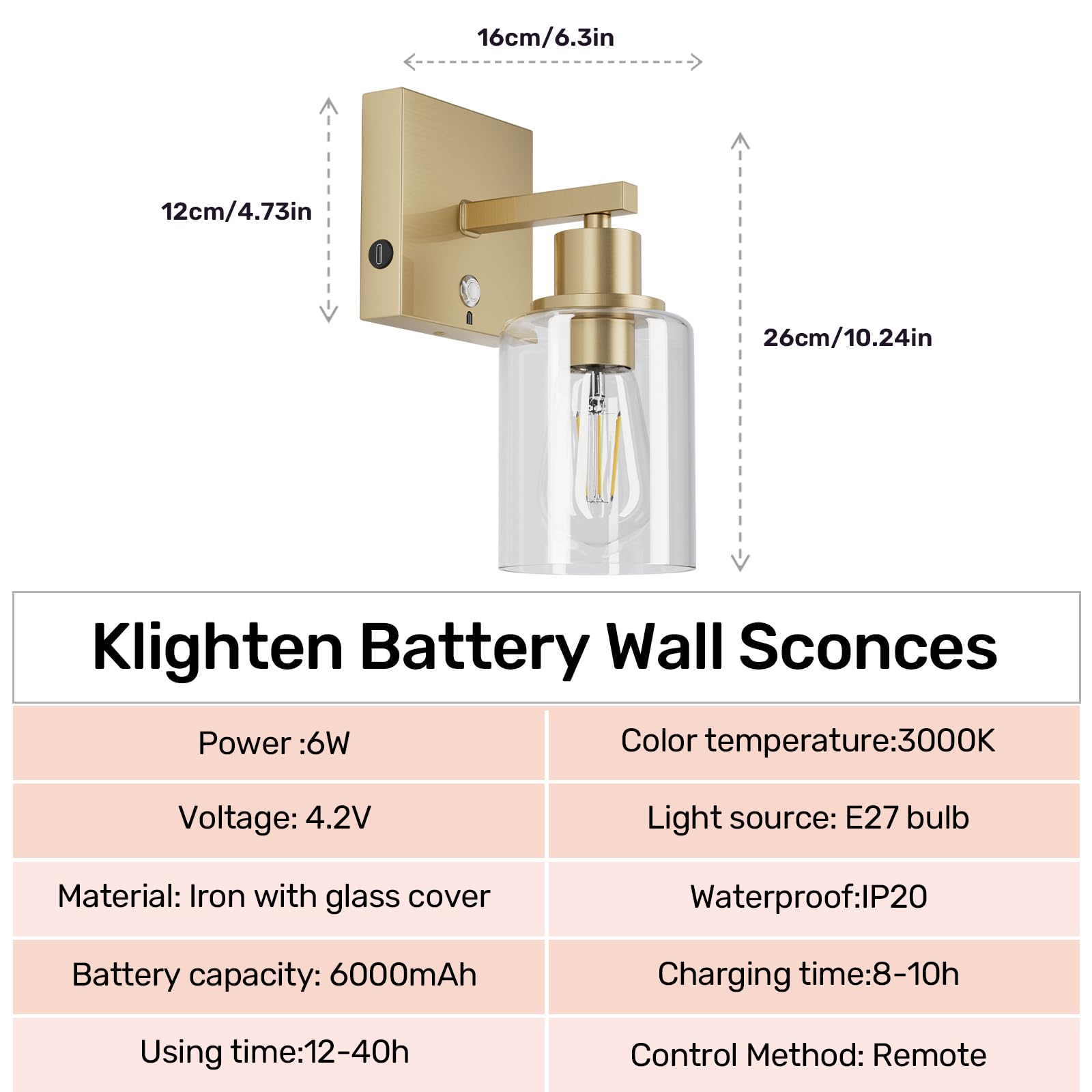 Klighten 6000mAh Kabellos Akku Wandleuchte mit Fernbedienung,2PCS Aufladbare Wandleuchte,Batterie Wandleuchten Innen mit Glasschirm,Wandlampe akku 3000K Warmweiß,für Wohnzimmer Mit Glühbirne,Gold