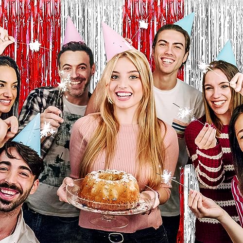 Image of 6 Pack Red Silver Foil Fringe Curtain Backdrop, 3.28Ft x 8.2Ft Metallic Tinsel Foil Fringe Streamer Curtains for Photo Booth, Christmas Day, Thanksgiving, Wedding, New Year Party Decorations