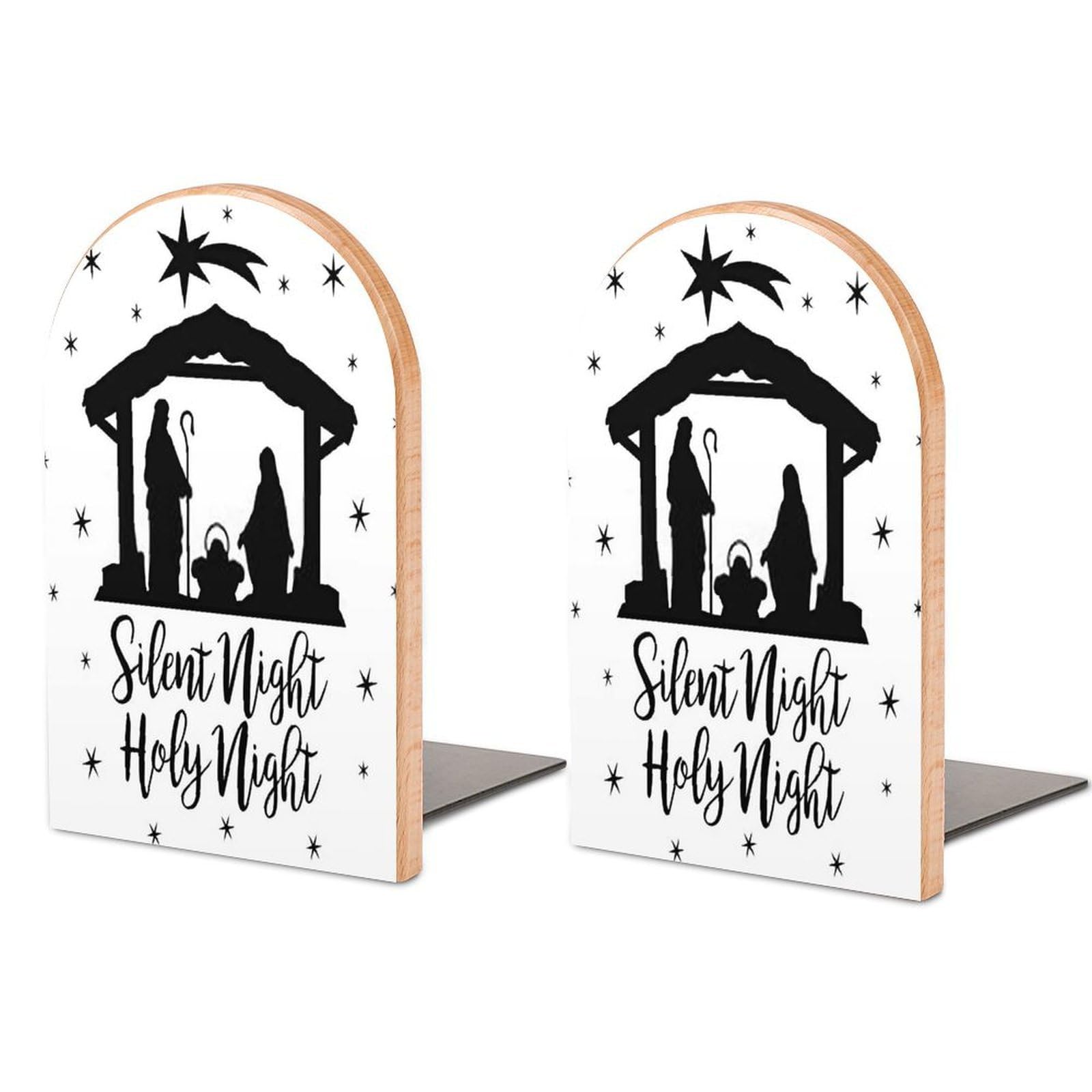 Magic Winter Christmas Scene Silhouette Beech Wood Bookends Heavy Duty Book Organizers Desktop File Holder for Office Home Bookshelf
