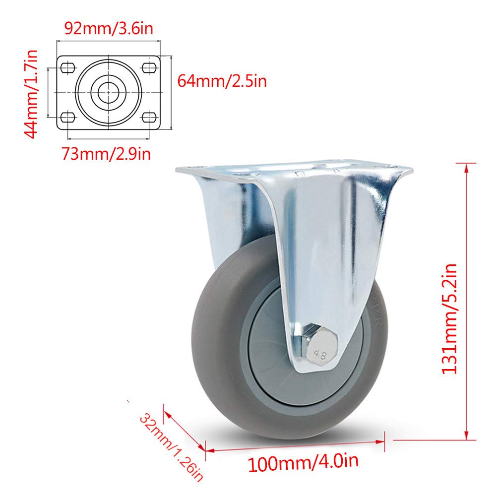 Piastra Girevole, TPR Grigio Industriale, Piastre Superiori e Cuscinetti a 360° for carichi Pesanti, Nessun Rumore, Sostituzione for carrelli(Fixed,4in)