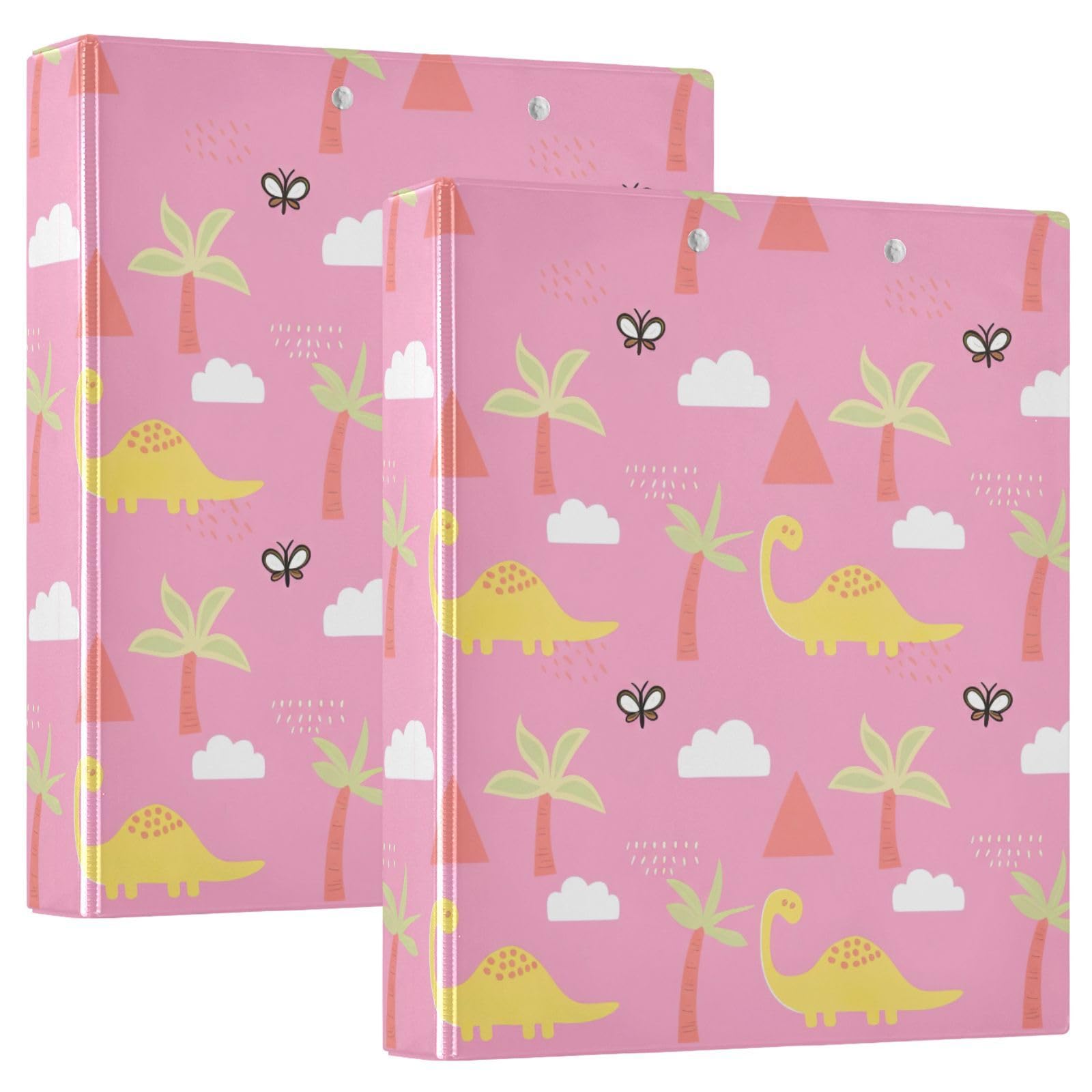 Confezione da 2 raccoglitori ad anelli con 3 anelli, motivo dinosauri rosa e gialli, con tasche grandi, per scuola, università, ufficio