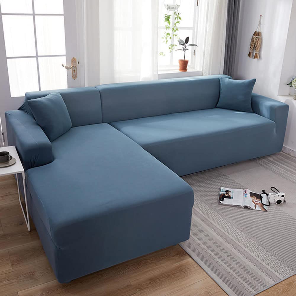YOPOIY 2 pcs Spandex Non Slip Sectional Couch Cover super Stretch Soft L Shape Sofa Cover with Elastic Bottom for Sectional Sofa Cover -blue-2-2 seater+2 seater
