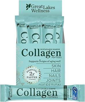 Great Lakes Wellness Sustainable Marine Collagen Peptides - Wild Caught MSC Certified, Unflavored Hydrolyzed Protein Powder Support for Skin, Hair, Nails, Joints & Digestion - iGen Non-GMO - 20 sticks