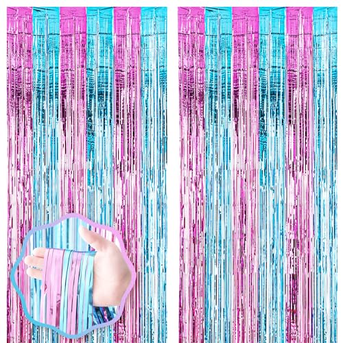 Image of Voircoloria 2 Pack 3.3x8.2 Feet Blue and Pink Foil Fringe Backdrop Curtains, Tinsel Streamers Birthday Party Decorations, Fringe Backdrop for Graduation, Baby Shower, Gender Reveal, Disco Party