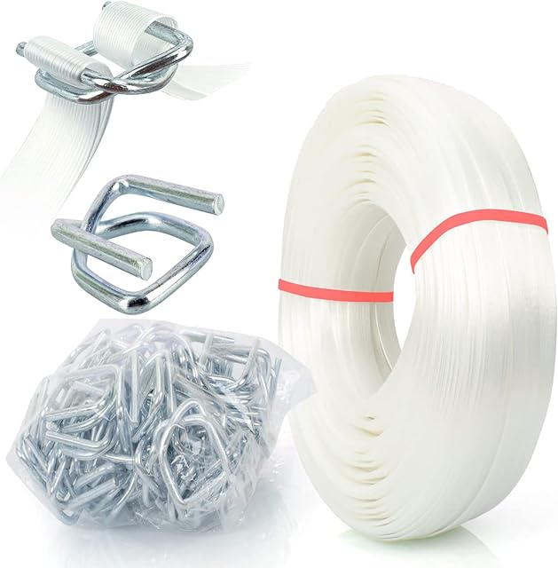 Composite Polyester Cord Strapping Kit, 19mm x 100mtr Composite Polyester Cord Strapping Roll with 50 Pack Metal Wire Buckles, 1000kg Break Strength