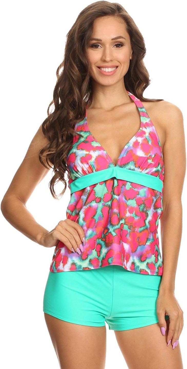 Mint & Pink Feline Halter Tankini with Boyshort Clothing