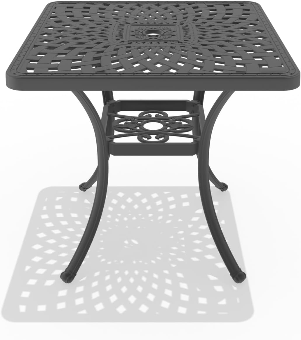 L30.71*W30.71-inch Cast Aluminum Patio Dining Table with Black Frame and Umbrella Hole