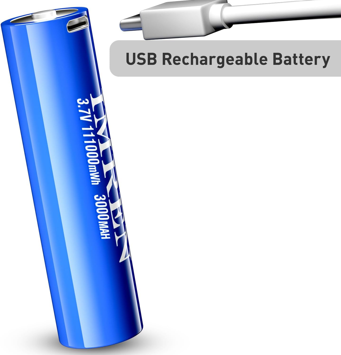 Imren USB Rechargeable Battery connected to a USB cable.