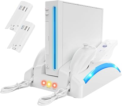 KEKUCULL Game Organizer Station for Wii Remote Charger, Charging Dock Station for Controller with 2 Pcs Rechargeable Battery for Wii Console Nunchuk Game Accessories Kit Storage