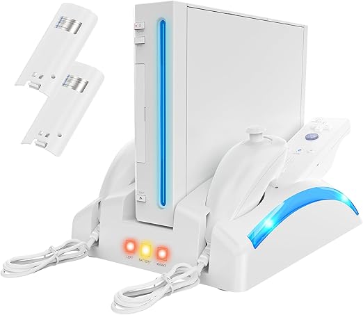 Game Organizer Station for Wii Remote Charger, Charging Dock Station for Controller, Wii Stand with 2 Pcs Rechargeable Battery for Wii Console Nunchuk Game Accessories Kit Storage