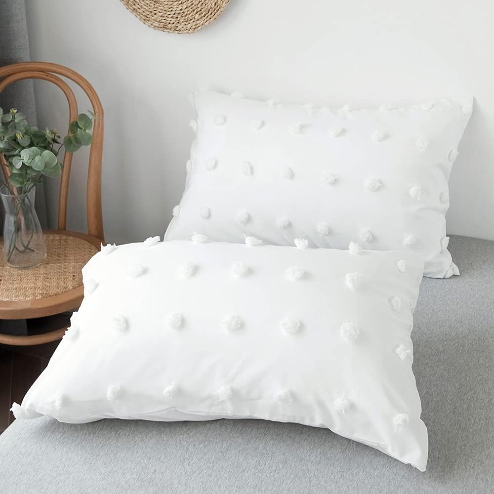 Tufted Duvet Cover Queen Size (90x90 inch),3 Pieces - 1 Jacquard Comforter Cover with 2 Pillowcase，Chenille Dots All Season Soft Washed Microfiber Bedding Set with Zipper Closure,White