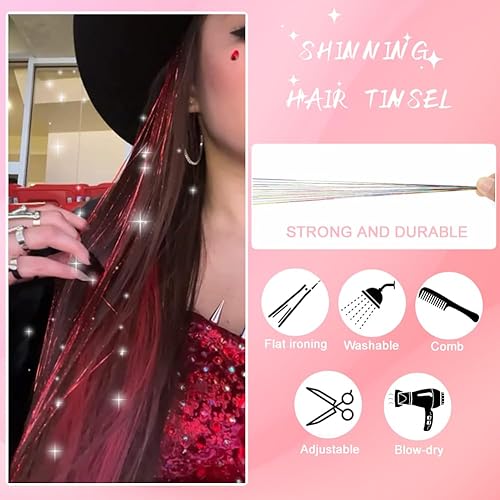 Miniatura 5 de Kit de oropel para el cabello con herramientas, extensiones de cabello de oropel con purpurina roja, 48 pulgadas, 1200 hebras de cabello de hadas,