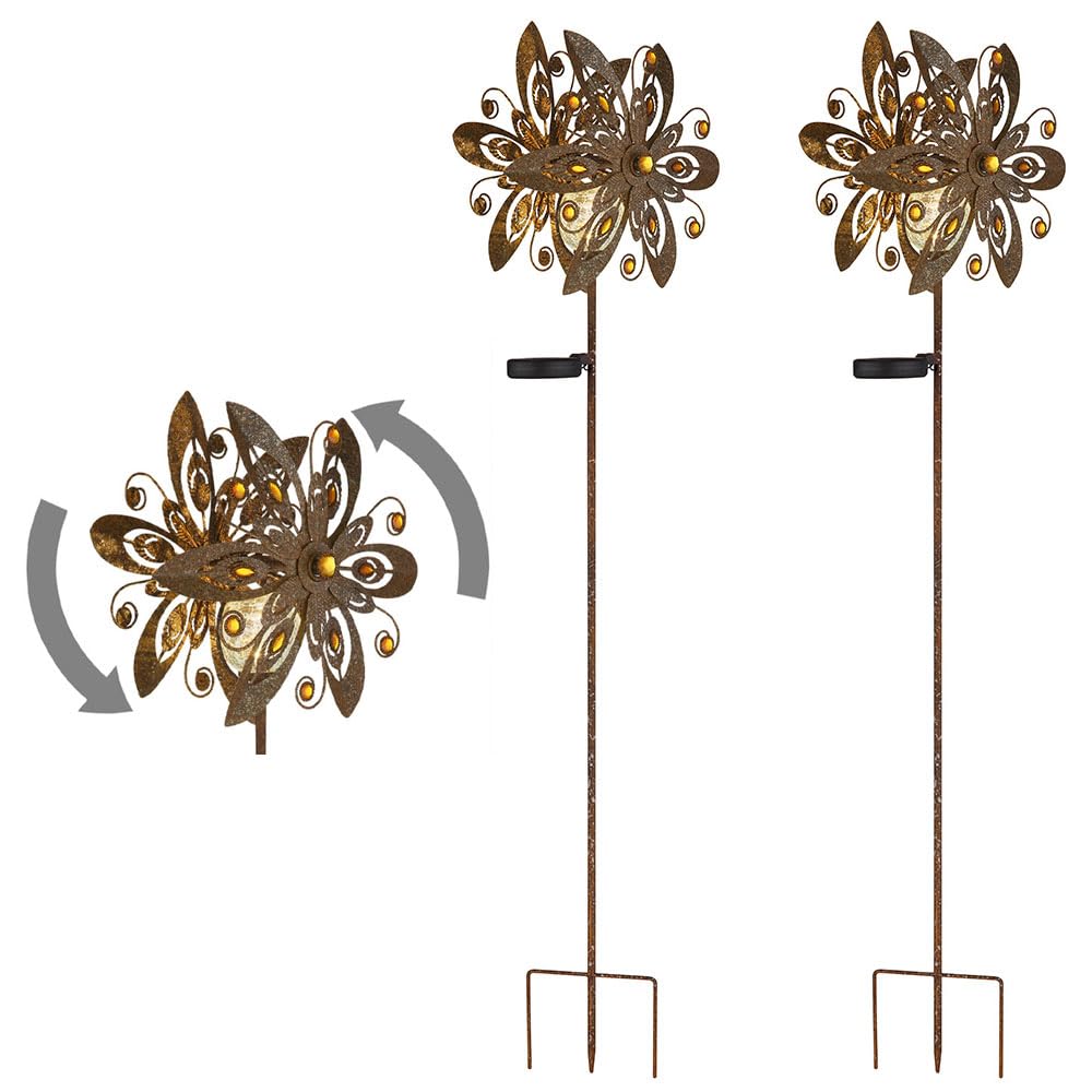 Solarleuchte Windrad Solarlampe Erdspieß Gartendeko Solar Gartenstecker rost, Metall, LED warmweiß, LxBxH 32x17,5x124 cm, 2er Set