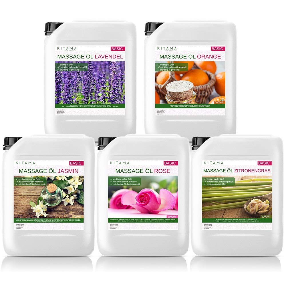 MyThaiMassage Massage Oil Aroma Set 5 x 5000ml - profumi essenziali gelsomino, rosa, arancia, lavanda, citronella