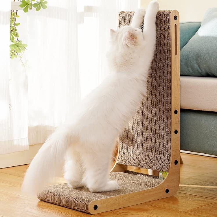 L-förmiger Katzenkratzer Aus Karton – Doppelseitig, Mit 2 Ballspielzeugen, Platzsparend Für Wand Oder Couch