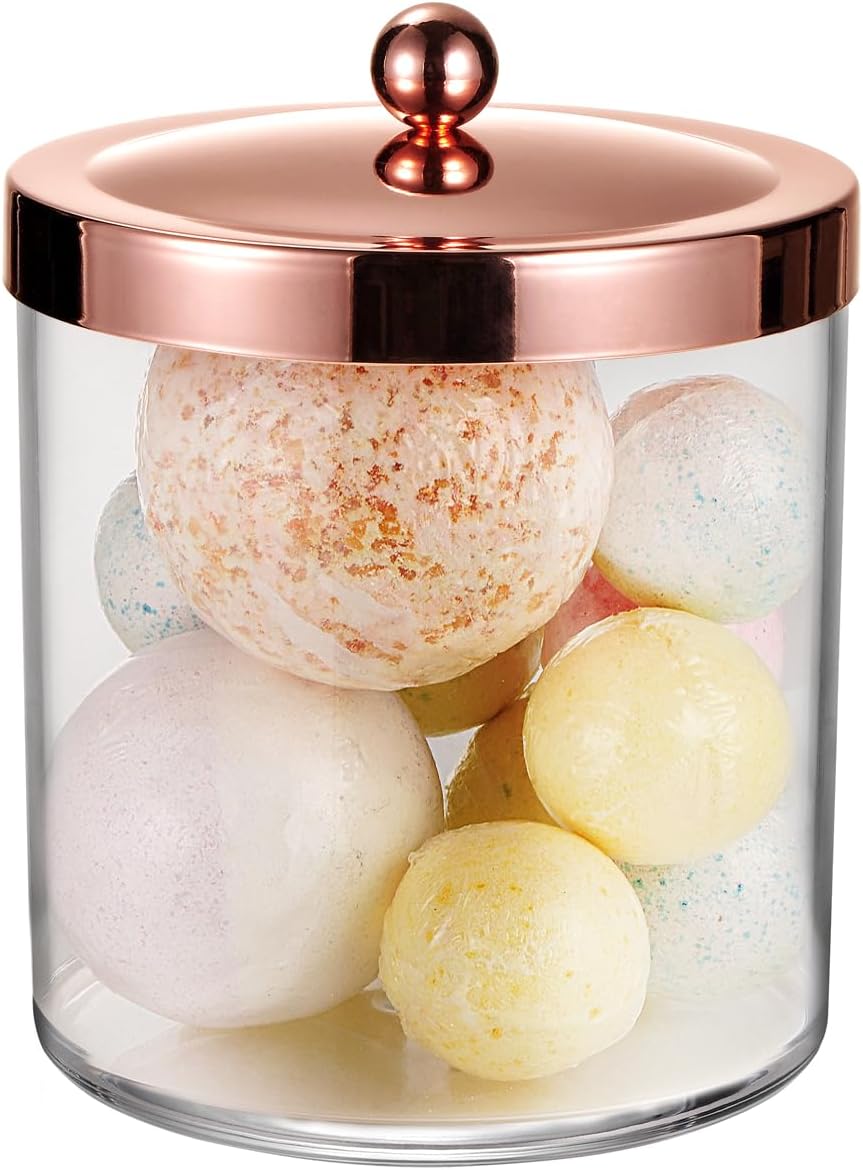 50oz Large Apothecary Jar with Rose Gold Rust-Proof Lid - Shatterproof Plastic Laundry Pods Container - Chic Rose Gold Bathroom & Vanity Storage Organizer for Scent Beads, Salts