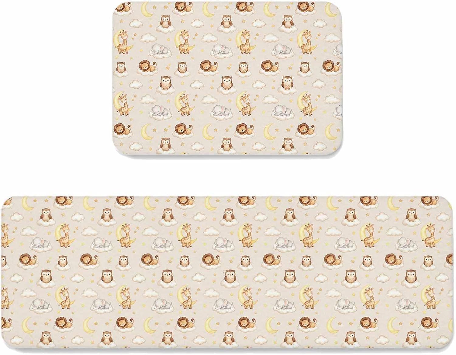 Prime Leader Cartoon Theme Kitchen Mat Set 2 Pieces Giraffe Elephant Lion Owl Moon Stars Dreamy Non Slip Kitchen Rugs Washable Runner Rug Mats for Sink Laundry (19.7" x 31.5"+19.7" x 63")