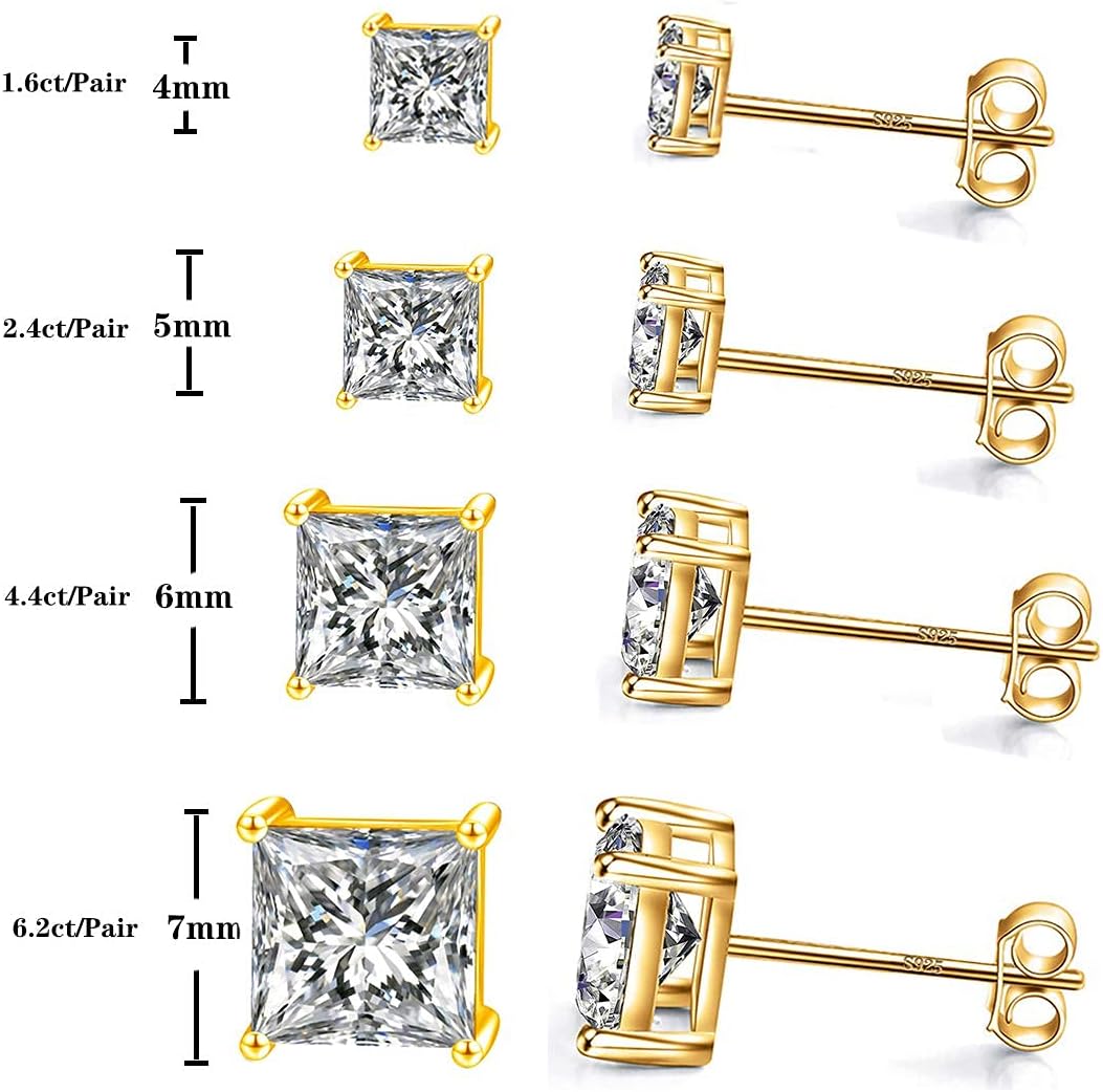 925 Sterling Silver Stud Earrings 4 Prong Princess Cut Square Cubic Zirconia Ear Stud for Women Men CZ 4mm-7mm - Image 4