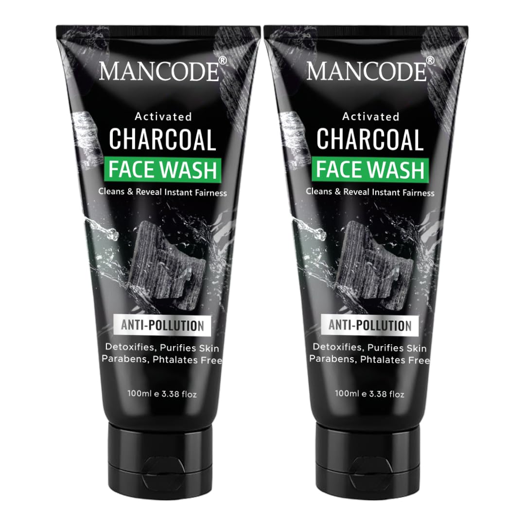 Mancode Activated Charcoal Face Wash for Men | Deep Cleansing, Oil Control & Anti-Pollution | Detoxifies, Purifies Skin & Provides Instant Freshness | 100ml Each | Pack of 2