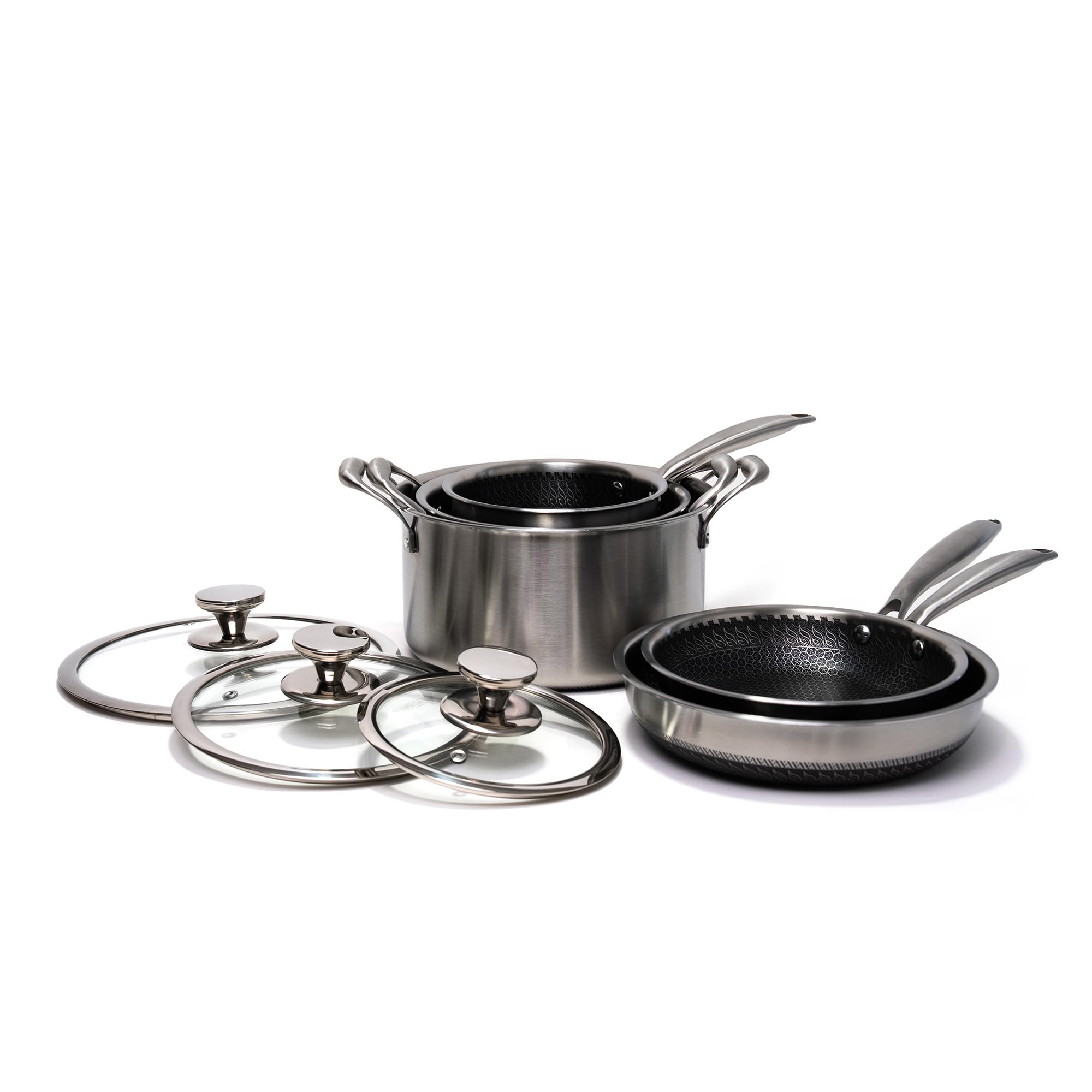Batería de Cocina 5 Piezas Acero Inoxidable 18/10 Triply – 3 Ollas (16+20+24 cm) con Tapas de Vidrio + 2 Sartenes (20+24 cm) – Interior Panal Sin PFOA – Inducción y Horno