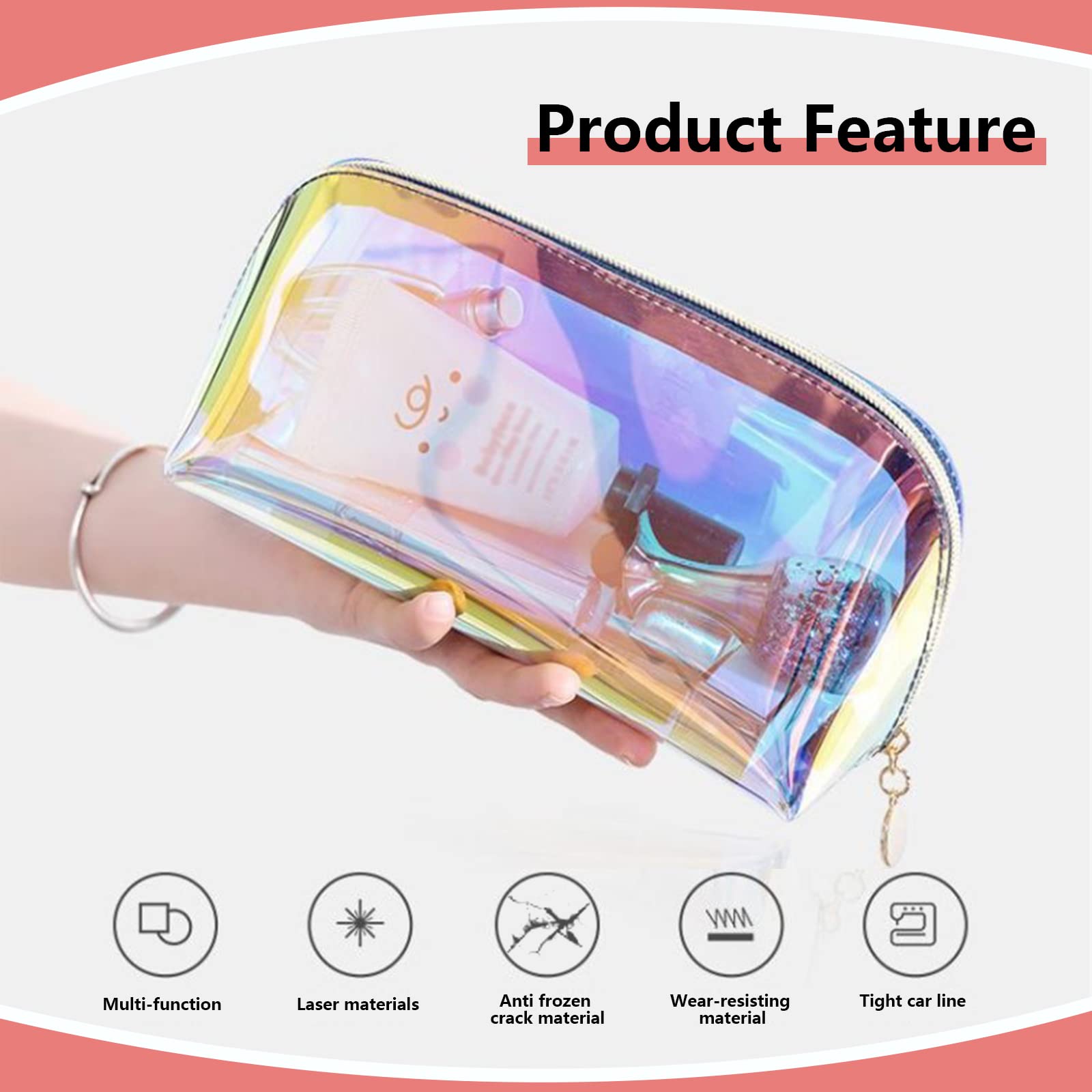 ANROLA Holographic Makeup Bag Iridescent Cosmetic Pouch Clear Waterproof Portable Travel Cosmetic Pouch TPU Zippered Toiletry Organizer bag for Women 3PCS