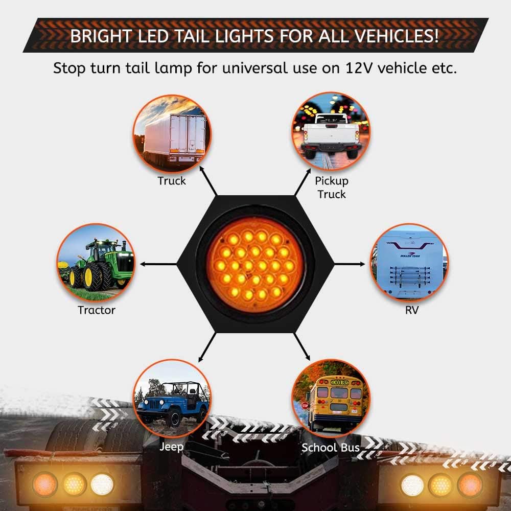 4" Amber LED Trailer Tail Light - Round Truck DOT Certified Park Turn Signal Lights – IP67 Waterproof RV Semi Truck Taillight – 24 Bright LEDs With Colored Lens, Grommet & Plugs Included - 1 Pack