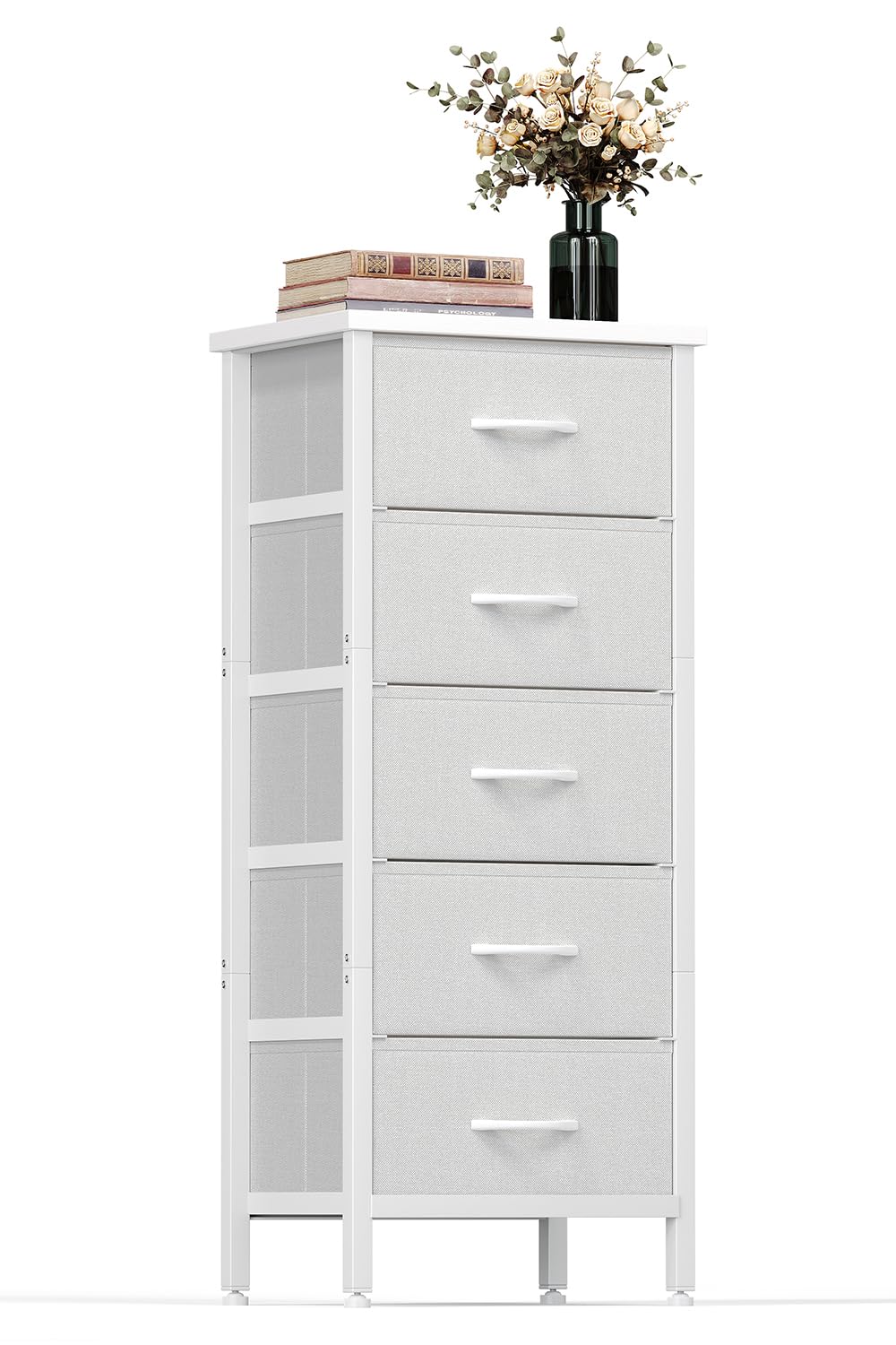 KitMent 5 Drawers Chest of Drawers Bedroom, 119cm Tall Dresser for Closet, Small Fabric Storage Cabinet Organiser Drawer for Living Room, Entryway, Bedside, White