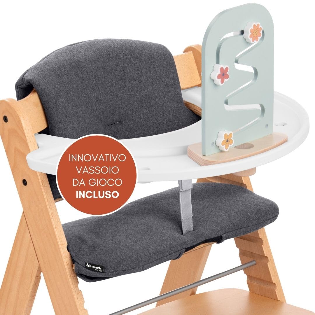 hauck Seggiolone Pappa Alpha Plus con Vassoio per Giochi in Legno, Cuscino - Seggiolone Evolutivo Legno dai 6 mesi - Naturale, Grigio scuro
