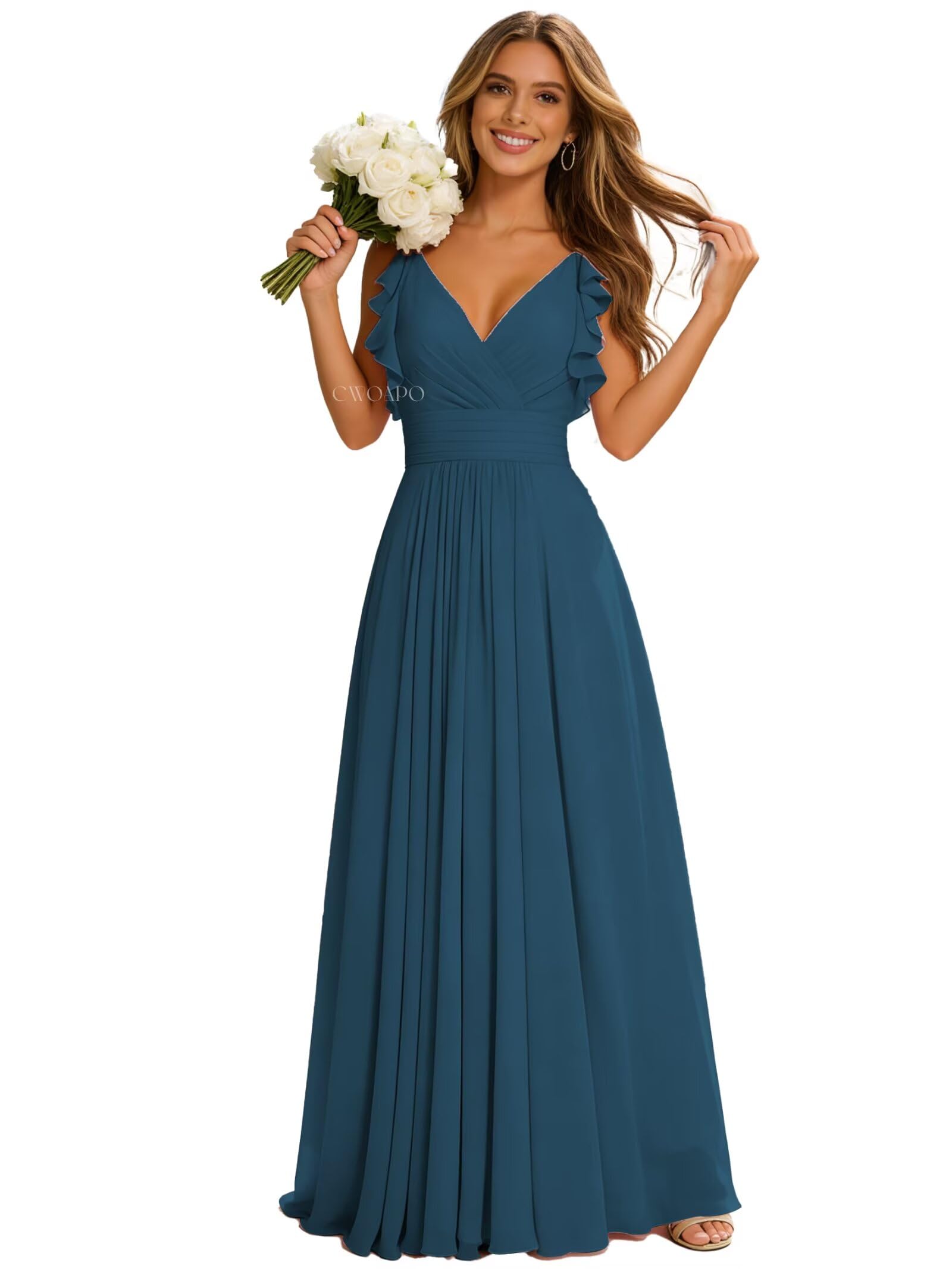 CWOAPO Peacock Plus Size Ruffle Sleeve Bridesmaid Dresses for Women 2025 Long Ruched Chiffon A Line Formal Evening Gown US16W