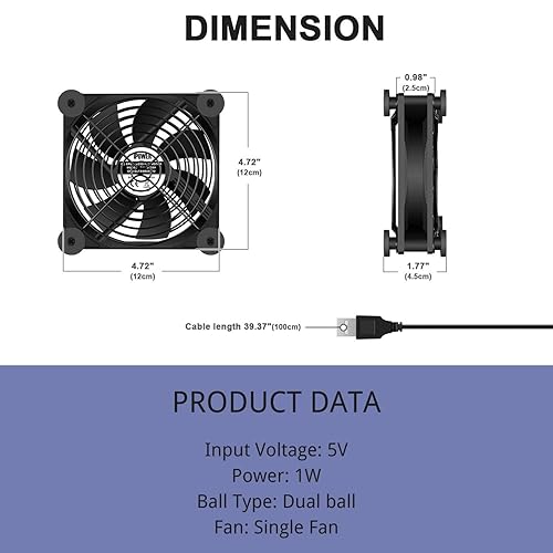Miniatura 2 de iPower Ventilador de refrigeración silencioso de 4.724 in USB con controlador de velocidad para receptor DVRPlayStationXboxRefrigeración de gabinete