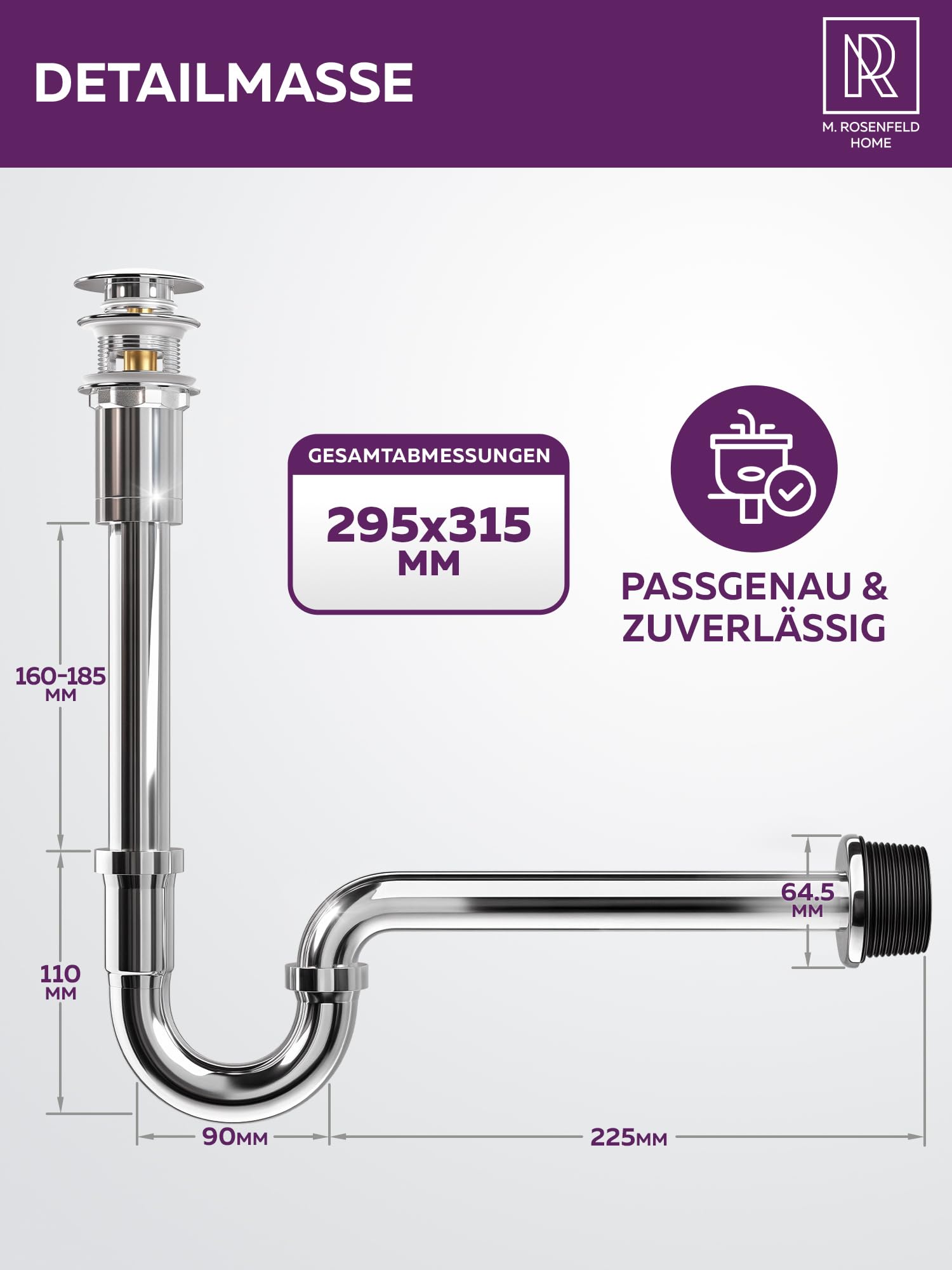Siphon Sink 1 1/4 Inch Size XL, Height Adjustable Tube Siphon 165-185 mm, Stainless Steel Odour Trap - Image 4