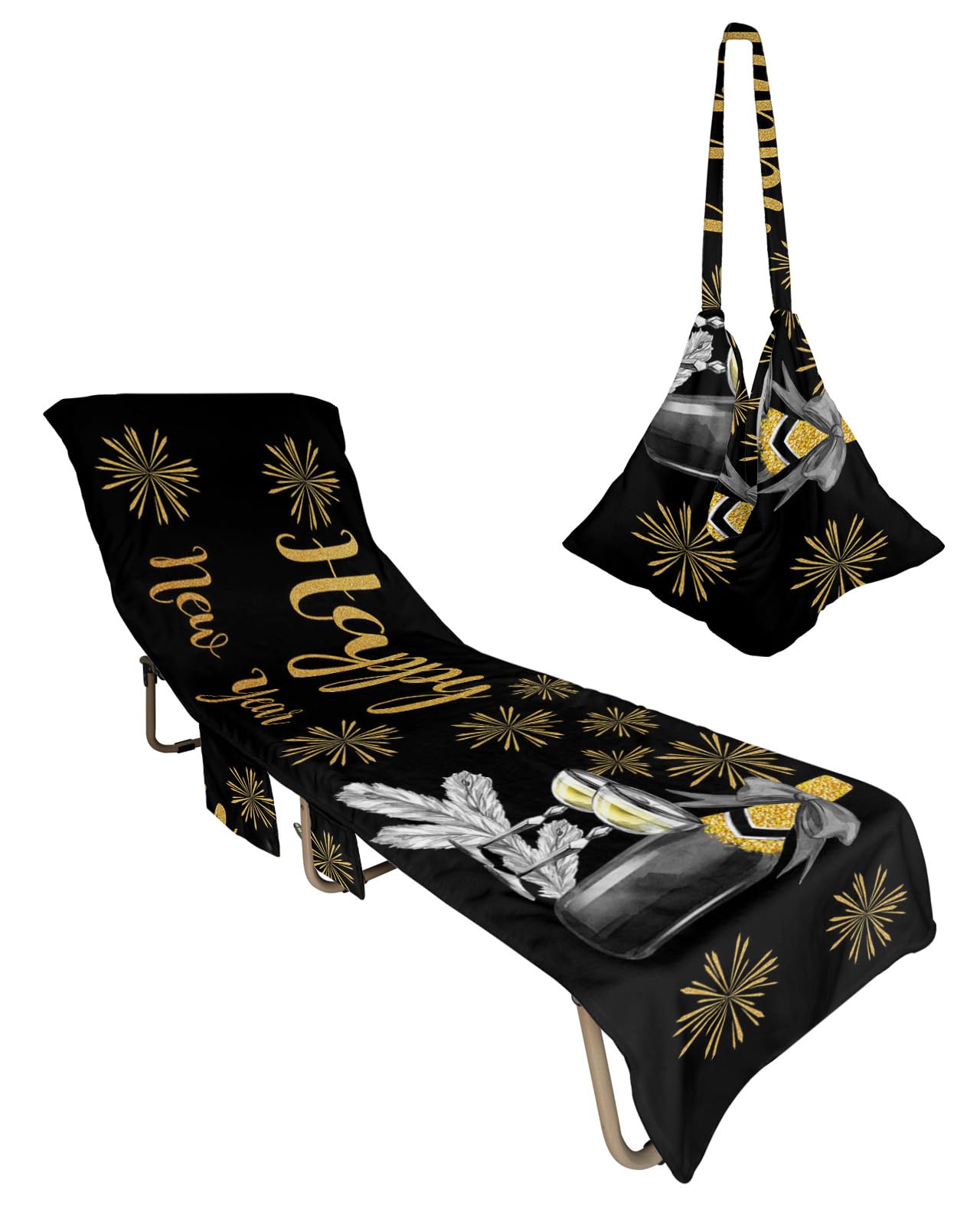 Hapyy New Year Beach Lounge Chair Towel Cover, Soft Chaise Lounge Towel with Side Pockets Patio Pool Chairs Cover for Beach/Pool Sunbathing 29x85 Yellow Firework Champagne Classic Black