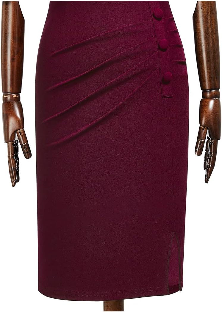 AISIZE Women's Retro Half Collar Ruched Slim Cocktail Pencil Dress - Image 7