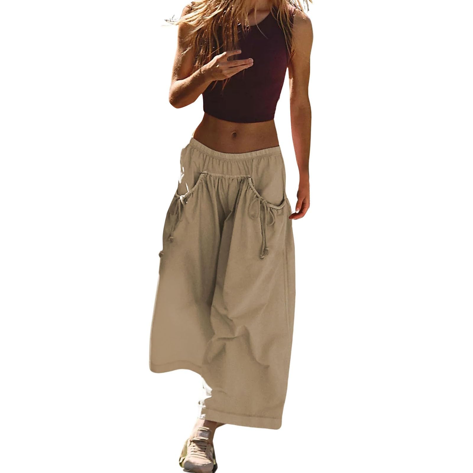 Womens Wide Leg Track Pants Drawstring Elastic Waist Capri Hiking Pants Casual Loose Fit Pant with Big Ruched