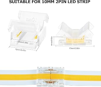 LightingWill LED Strip Connectors 2Pin 10mm, 10 Pack Strip to Strip Connector, Transparent Solderless LED Tape Light Connector, No Dark Area for COB and SMD 5050 Single Color LED Strips